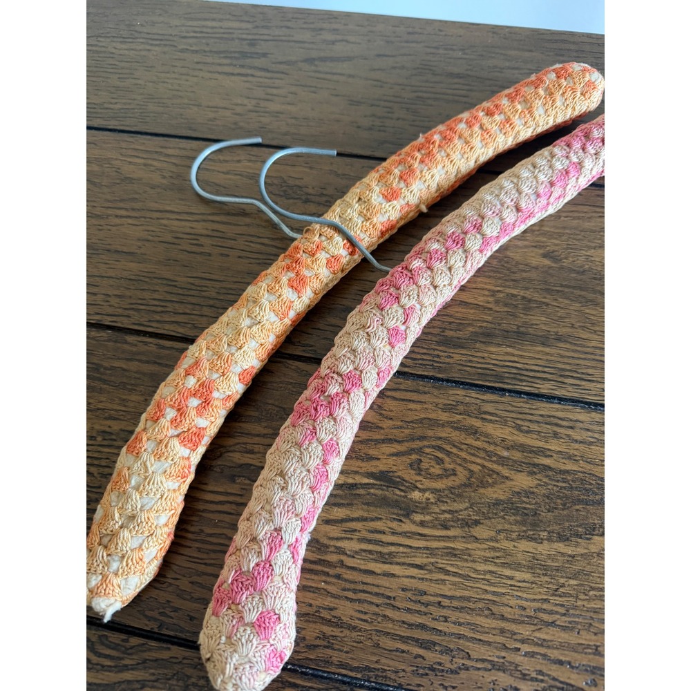 Vintage Crochet Padded Hangers Set of 2 Orange Pink Good Vintage Handmade